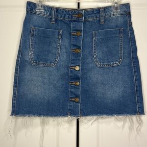 BDG Urban Outfitters Fringe Raw Hem Blue Denim Skirt Women's Sz S Button Front